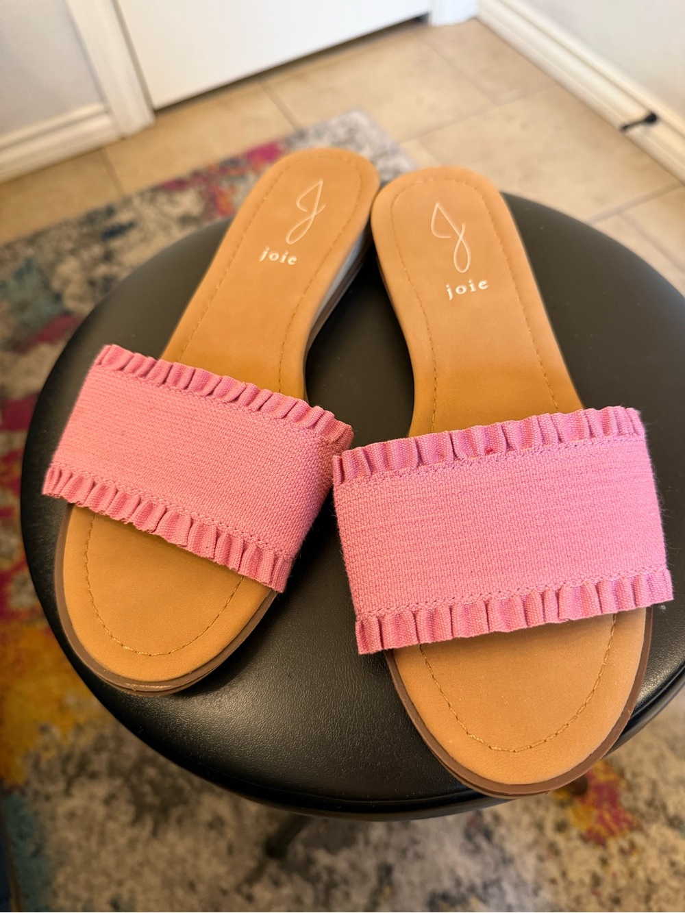 Joie Pink Ruffle Strap Slide Sandals